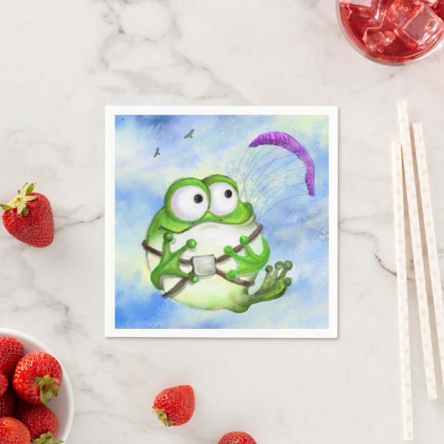 Niedlich Happy Funny Frog Paraglider - Cartoon Zei Serviette (Beispiel)