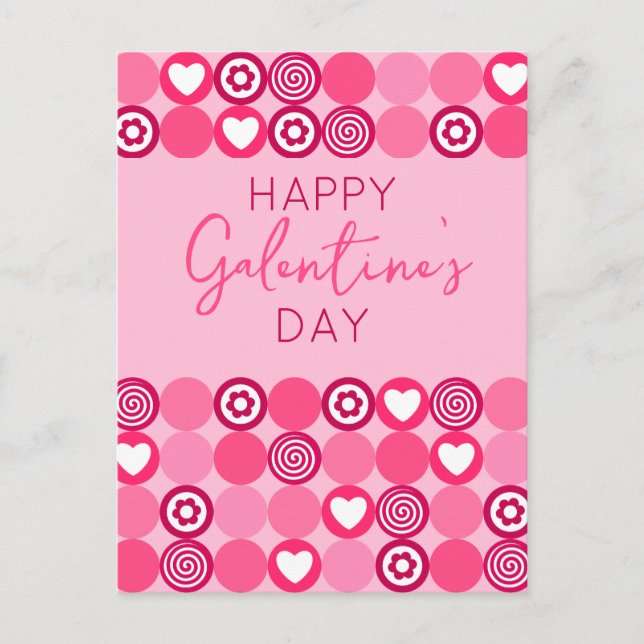 Niedlich Happy Galentine's Day Rosa Herz und Blume Postkarte (Vorderseite)