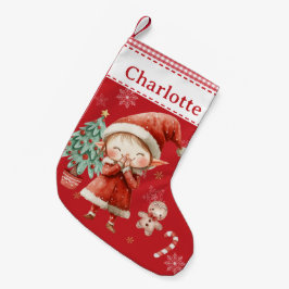 Niedlich Happy Girl Elf Red Gingham Kleiner Weihnachtsstrumpf