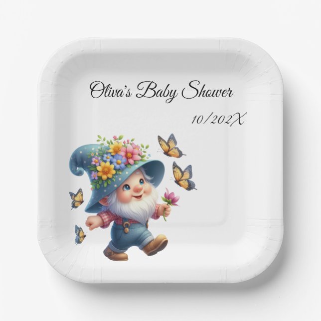 Niedlich Happy Gnome mit Butterfly Baby Dusche Pappteller (Vorderseite)