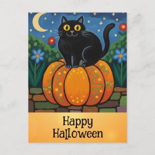 Niedlich Happy Halloween Black Cat Orange Pumpkin Postkarte