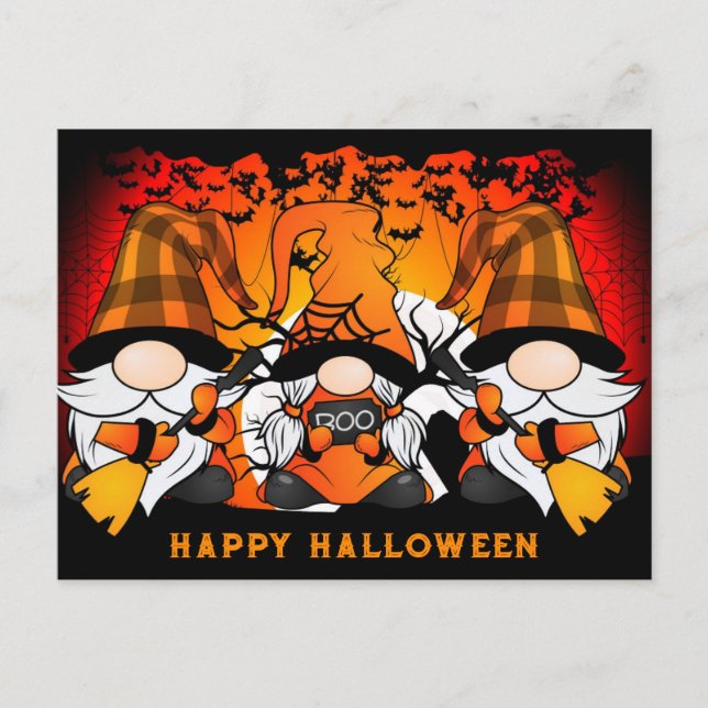 Niedlich Happy Halloween Gnome Orange Kariert Postkarte (Vorderseite)