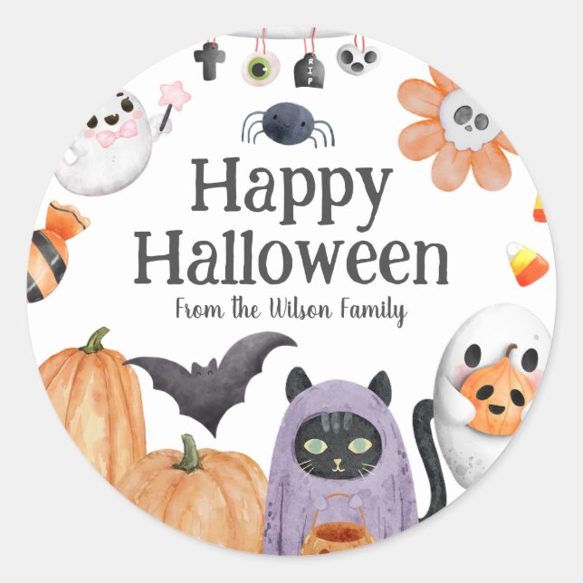 Niedlich Happy Halloween im Aquarellstil Runder Aufkleber (Vorderseite)