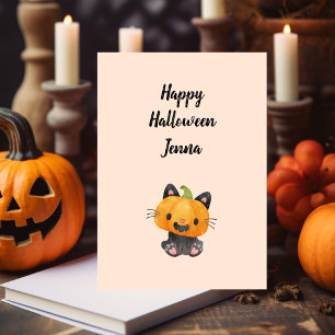 Niedlich Happy Halloween Pumpkin Katze mit Namen Feiertagskarte