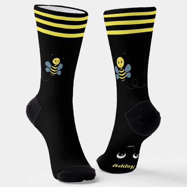 Niedlich Happy Honeybee auf Black Crew Socks Socken (Gewinkelt)