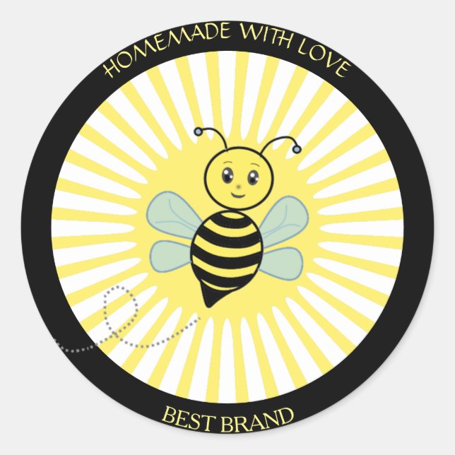 Niedlich Happy Honeybee Jar Label & Sun Rays hausg Runder Aufkleber (Vorderseite)