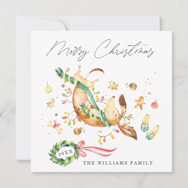 Niedlich Happy Hund Dackel Weihnachtslicht Feiertagskarte (Vorderseite)