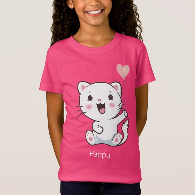 Niedlich Happy Kitty Cat & Heart Ballon T - Shirt (Vorderseite)