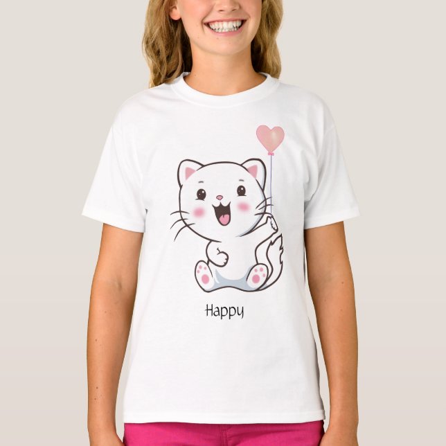 Niedlich Happy Kitty Cat & Heart Ballon T - Shirt (Vorderseite)