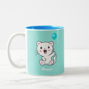 Niedlich Happy Kitty Cat mit Balloon auf Türkis Tw Zweifarbige Tasse