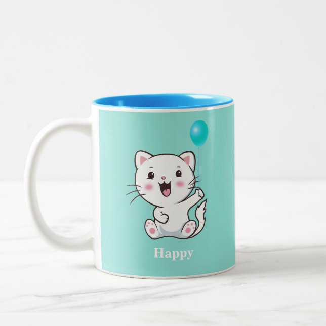 Niedlich Happy Kitty Cat mit Balloon auf Türkis Tw Zweifarbige Tasse (Links)