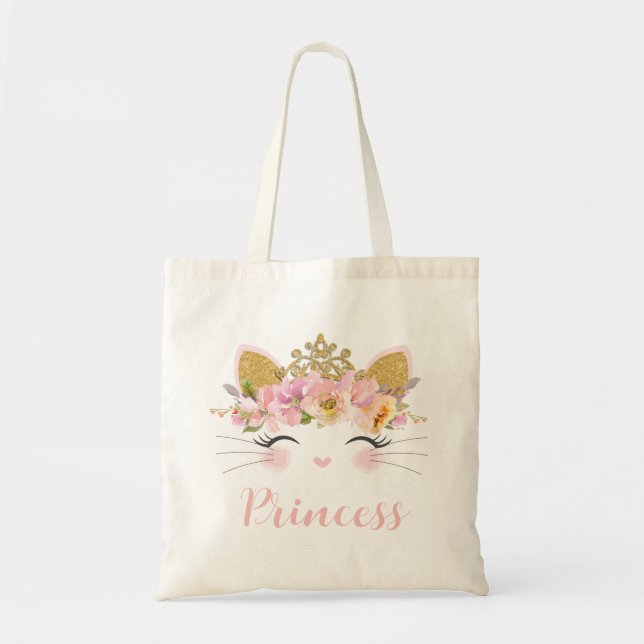 Niedlich Happy Kitty Cat Princess Floral Gold Crow Tragetasche (Vorne)