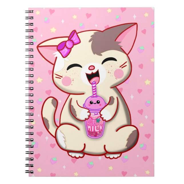 Niedlich Happy Kitty Pink Strawberry Milk Notebook Notizblock (Vorderseite)