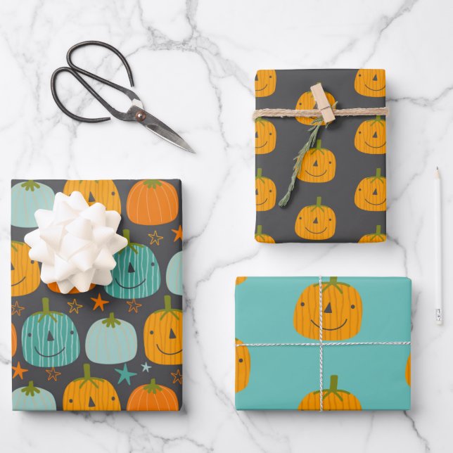 Niedlich Happy Kürbis Halloween Geschenkpapier Set (Vorderseite)