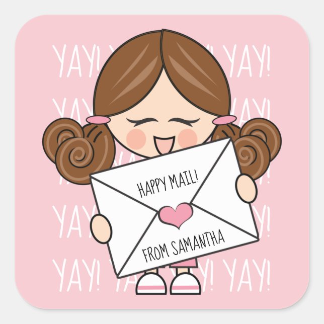 Niedlich Happy Mail Brown Hair Girl Pink Siegel Quadratischer Aufkleber (Vorderseite)