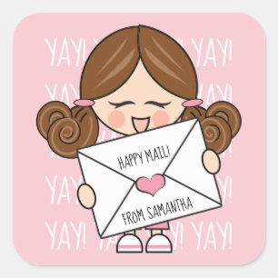 Niedlich Happy Mail Brown Hair Girl Pink Siegel Quadratischer Aufkleber