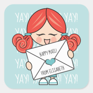 Niedlich Happy Mail Redhead Girl Pink Siegel Quadratischer Aufkleber