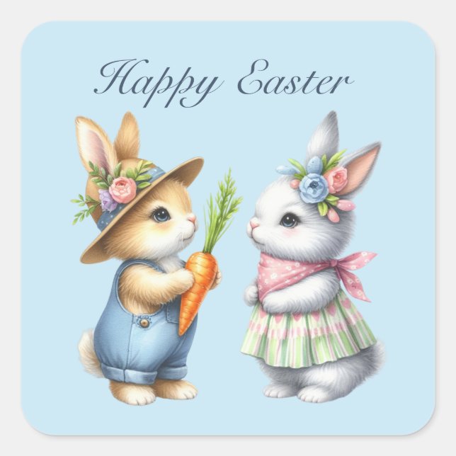 Niedlich Happy Oaster bunnies Aquarell Quadratischer Aufkleber (Vorderseite)