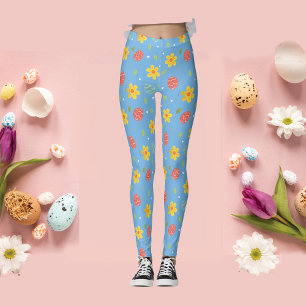Niedlich Happy Oaster Bunny Eggs Floral Blau Leggings