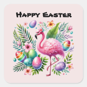 Niedlich Happy Oaster Pink Flamingo Quadratischer Aufkleber
