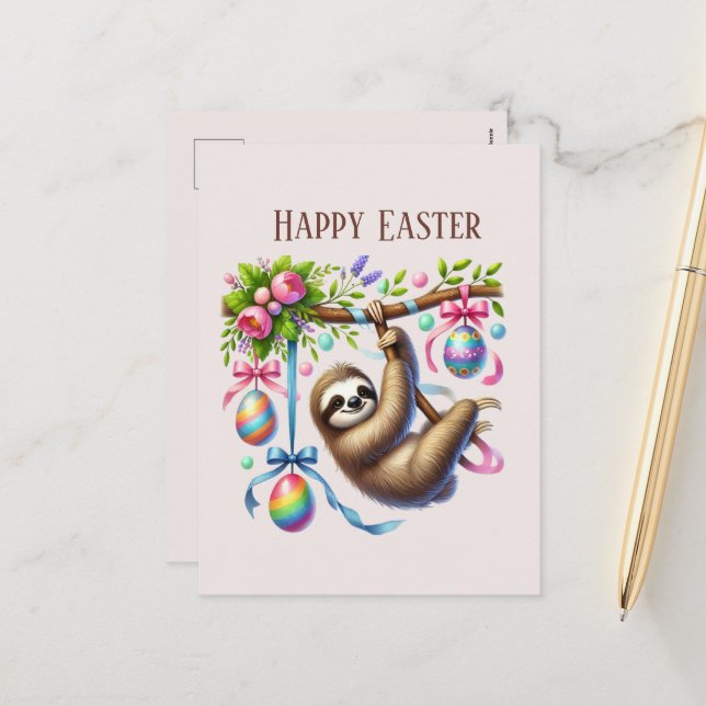 Niedlich Happy Oaster Sloth Feiertagspostkarte (Vorderseite/Rückseite Beispiel)