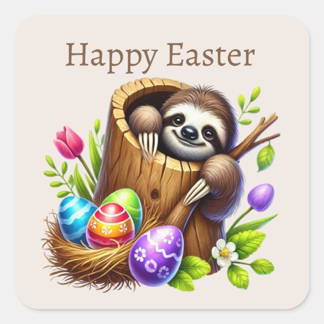 Niedlich Happy Oaster Sloth Quadratischer Aufkleber (Vorderseite)