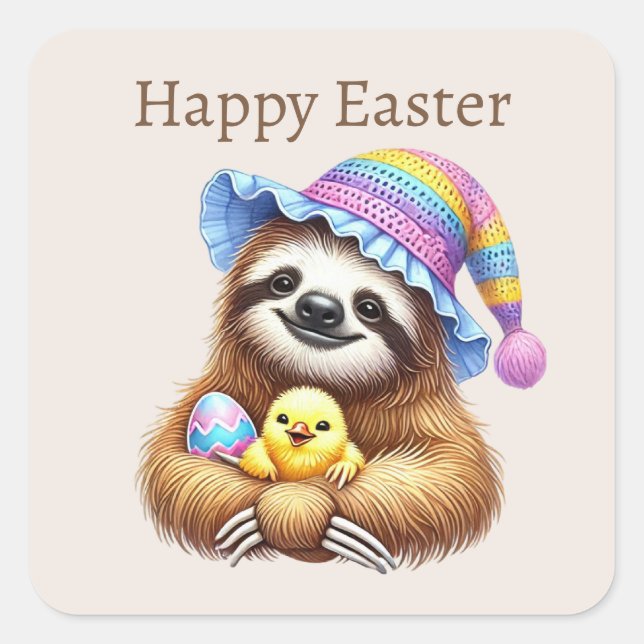 Niedlich Happy Oaster Sloth Quadratischer Aufkleber (Vorderseite)