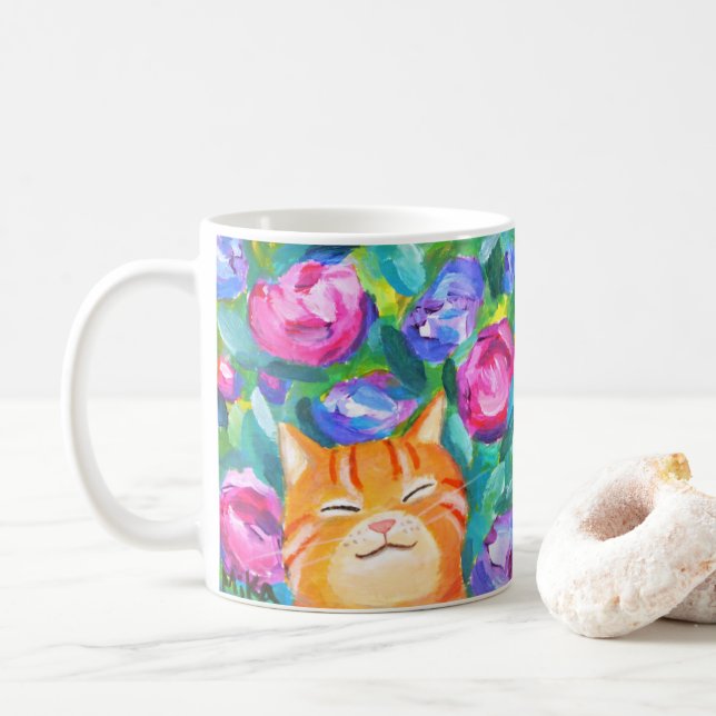 Niedlich Happy Orange Tabby Katze mit Blume Katze  Kaffeetasse (Mit Donut)