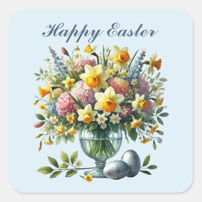 Niedlich Happy Oster Blume Quadratischer Aufkleber (Vorderseite)