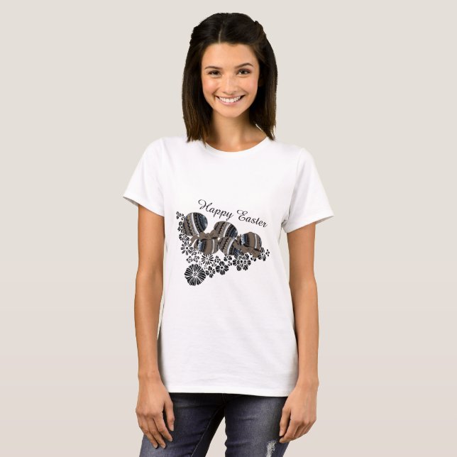Niedlich Happy Ostereier Schwarze Flora Motif Tren T-Shirt (Vorne ganz)