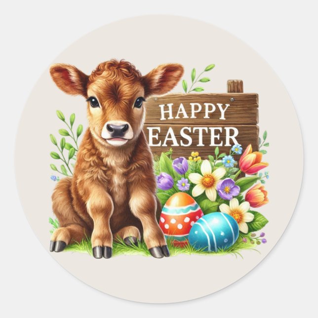 Niedlich Happy Osterkuh Runder Aufkleber (Vorderseite)