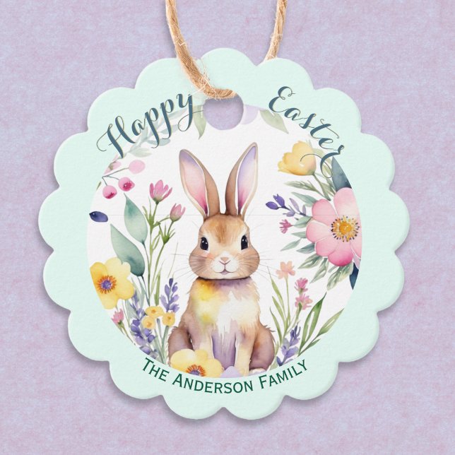 Niedlich Happy Ostersonne und Blume Personalisiert Geschenkanhänger (A personalized gift tag, with illustration of the Easter bunny among flowers in a watercolor style)