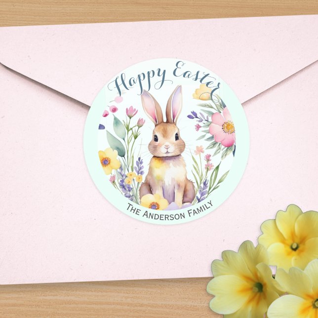 Niedlich Happy Ostersonne und Blume Personalisiert Runder Aufkleber (A personalized sticker with rabbit and flowers in a watercolor style, and 'Happy Easter' greeting)