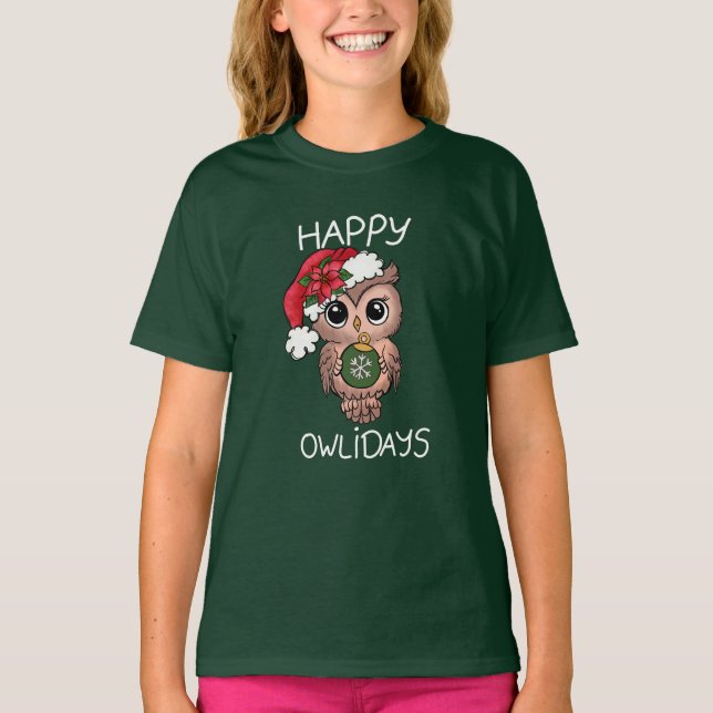 Niedlich Happy Owlidays Weihnachtsgrün T-Shirt (Vorderseite)