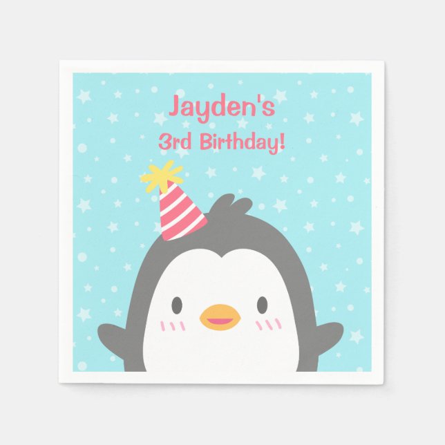 Niedlich Happy Penguin Geburtstagsparty Napkins Serviette (Vorderseite)