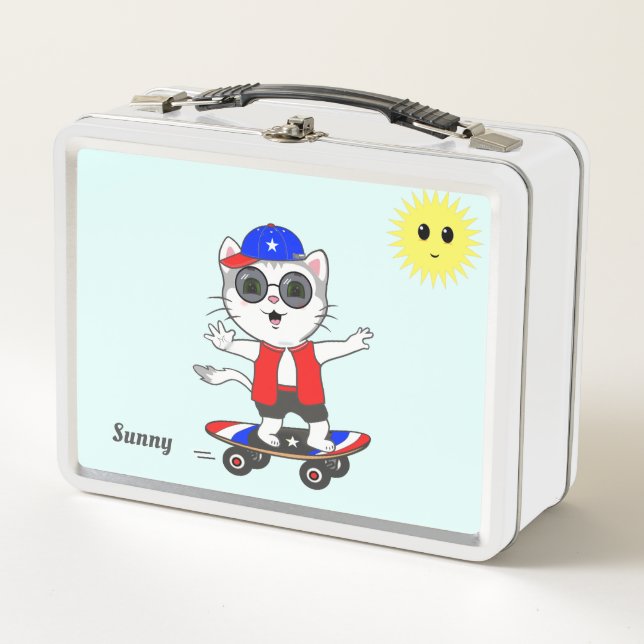 Niedlich Happy Skater Kitty Cat und Sun Metall Brotdose (Vorderseite)