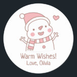 Niedlich Happy Snowman, Christmas Doodle Runder Aufkleber<br><div class="desc">Ein Aufkleber mit einem niedlichen Zahnschneemann mit einem Weihnachtshut und gestreiftem Schal. Ein glücklicher Weihnachtsdoodle,  an den man nicht anders lächeln kann. Personalisieren Sie Ihre Nachricht.</div>