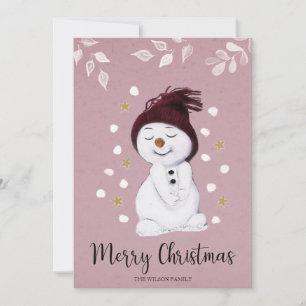 Niedlich Happy Snowman Pink Weihnachtskarte Feiertagskarte