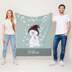 Niedlich Happy Snowman Winter Blue Weihnachten Fleecedecke