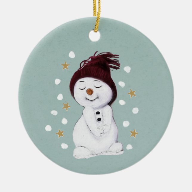 Niedlich Happy Snowman Winter Blue Weihnachten Keramik Ornament (Vorne)