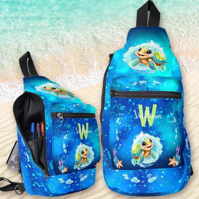 Niedlich Happy Turtle Boy Ocean Blauer Name Crossbody Bag (Cute Happy Turtle Boy Ocean Blue Name Sling Bag)
