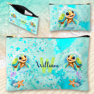 Niedlich Happy Turtle Boy Ocean Blue Turquoise Nam Zubehörtasche