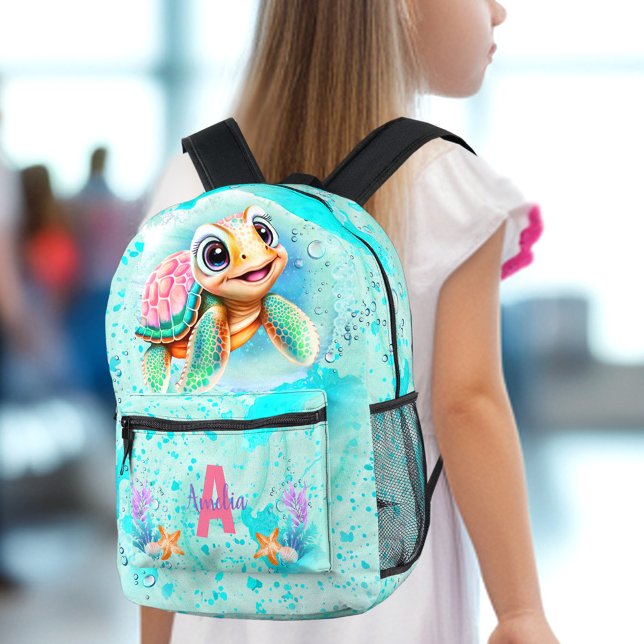 Niedlich Happy Turtle Girl Ocean Türkis Name Bedruckter Rucksack (Cute Happy Turtle Girl Ocean Turquoise Name Printed Backpack)
