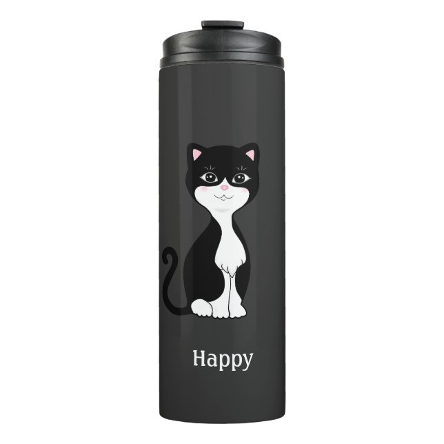 Niedlich Happy Tuxedo Cat auf fast schwarz Thermosbecher (Vorderseite)