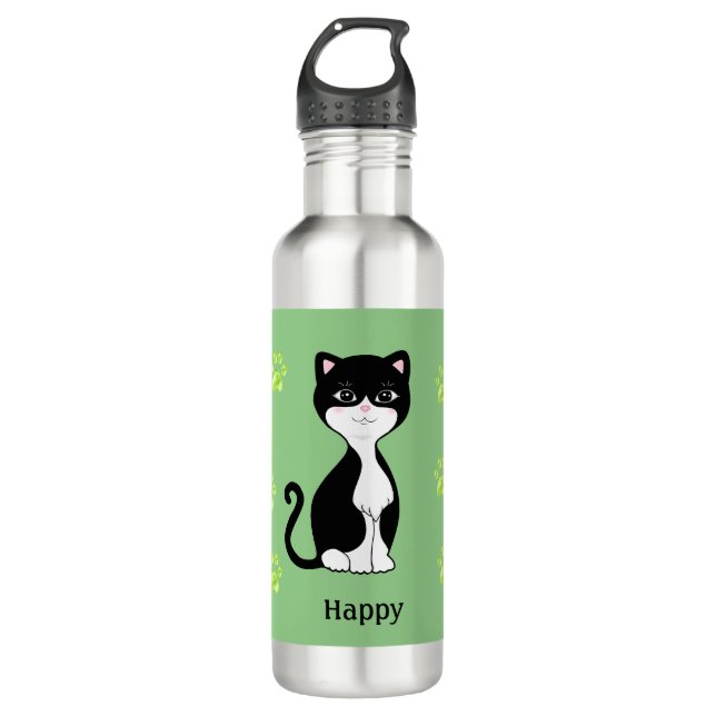 Niedlich Happy Tuxedo Cat auf Light Green Edelstahlflasche (Vorderseite)