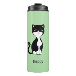 Niedlich Happy Tuxedo Cat auf Light Green Thermosbecher