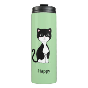 Niedlich Happy Tuxedo Cat auf Light Green Thermosbecher