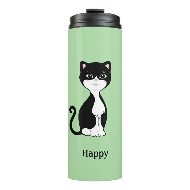Niedlich Happy Tuxedo Cat auf Light Green Thermosbecher (Vorderseite)