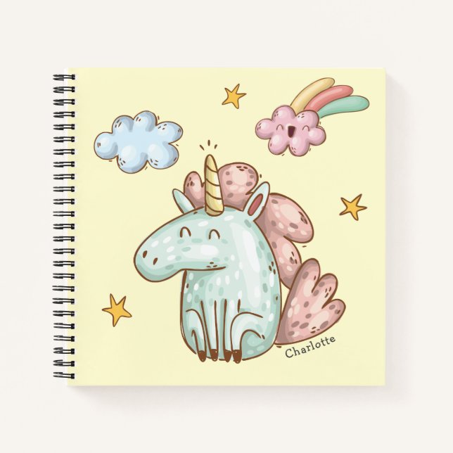 Niedlich Happy Unicorn mit Kindername Notizbuch (Vorderseite)