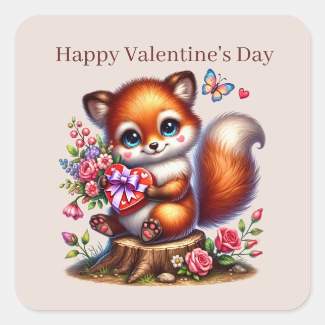 Niedlich Happy Valentine's Day Fox Quadratischer Aufkleber (Vorderseite)